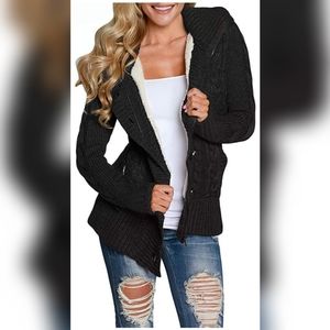 Cable Knit Hooded Sweater with Faux Sherpa Lining